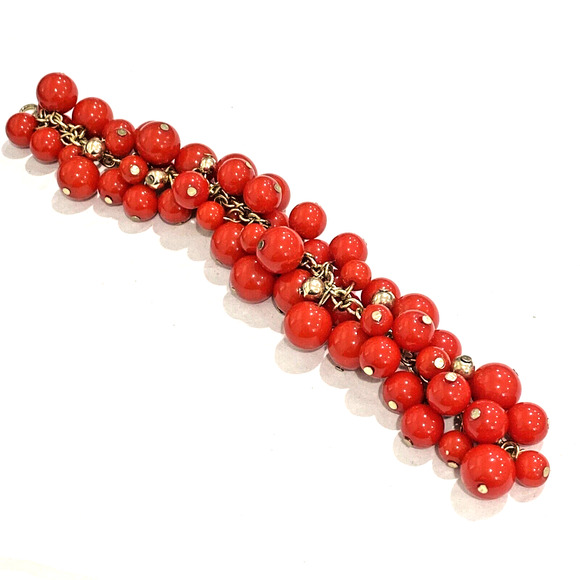 Gold chain bracelet covered with red beads beaded dangles retro bright fashion - Picture 4 of 6